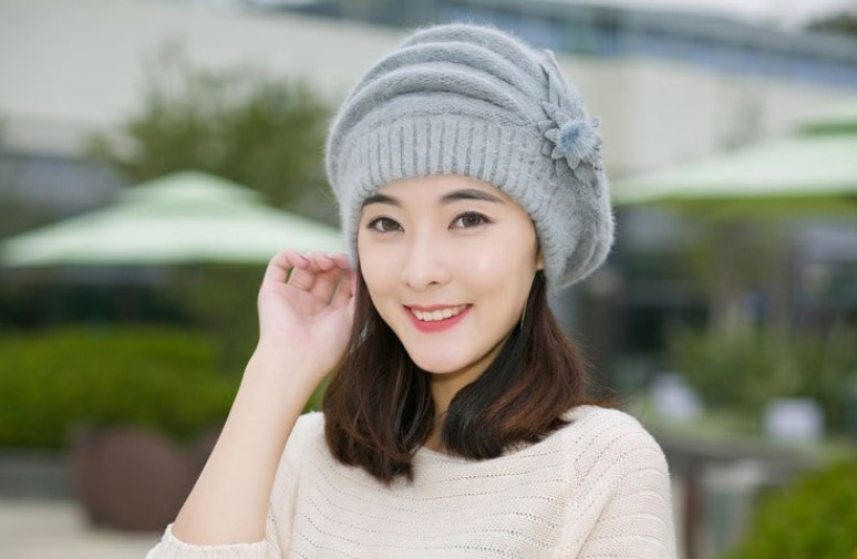 Mũ nồi beret len lông thỏ gắn hoa đôi cao cấp nón nồi nữ thời trang