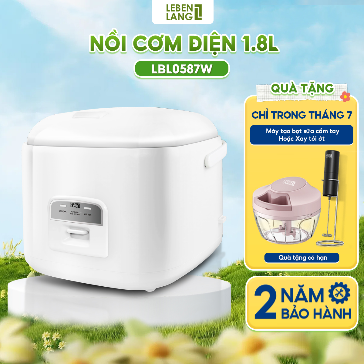 Nồi cơm điện Lebenlang LBL0587, dung tích 1200ml, công suất lớn 500W, giữ nhiệt đến 4h, thiết kế đơn giản, tặng kèm xửng hấp, bảo hành 2 năm - hàng chính hãng