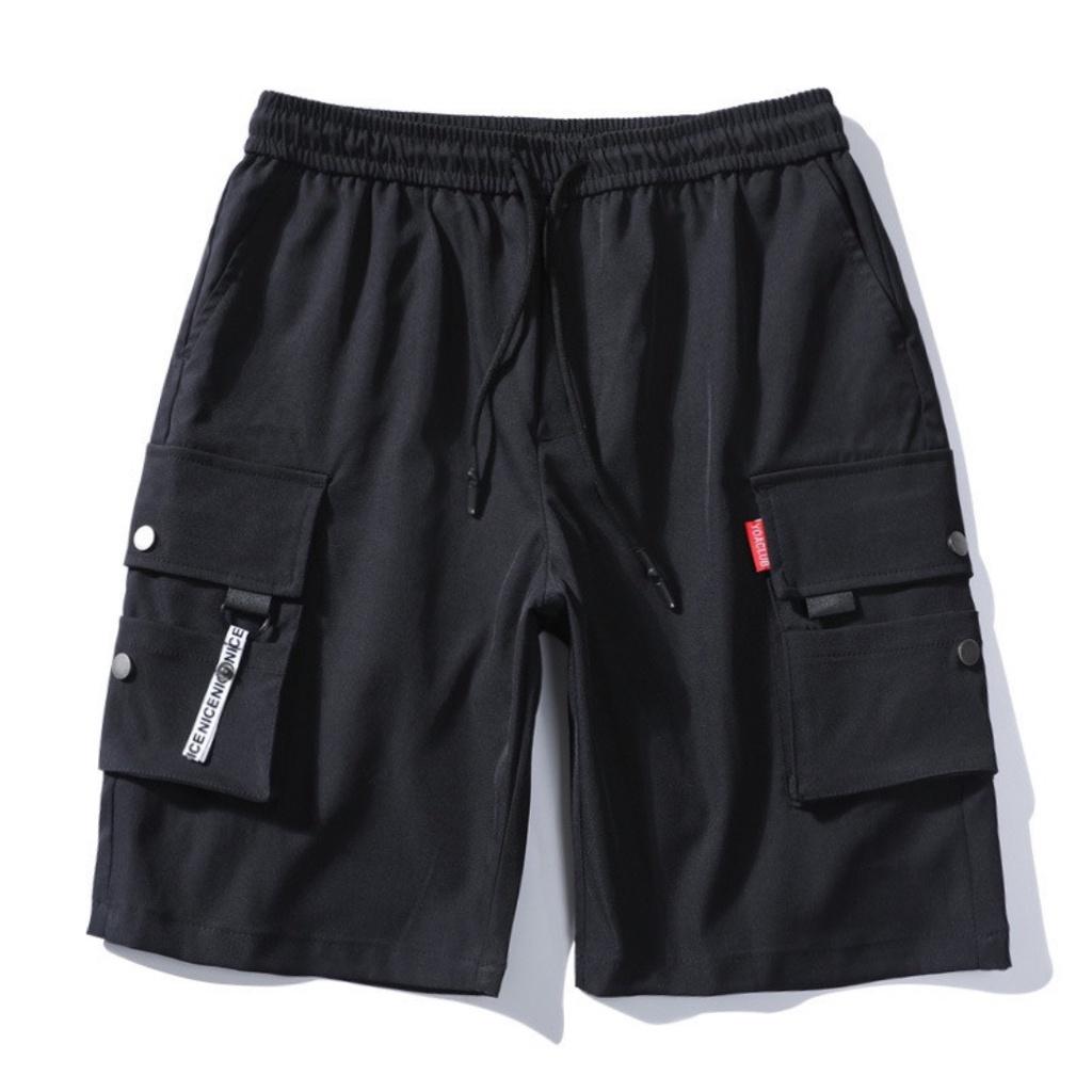 Quần Short Kaki Túi Hộp khóa dây nai nam - Sọt Lững Kiểu Dáng Thể Thao Unisex một Màu Đen 02x