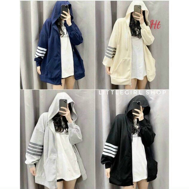 Áo Hoodie Form Rộng, Nón Lớn Phối Sọc Tay Cá Tính.U