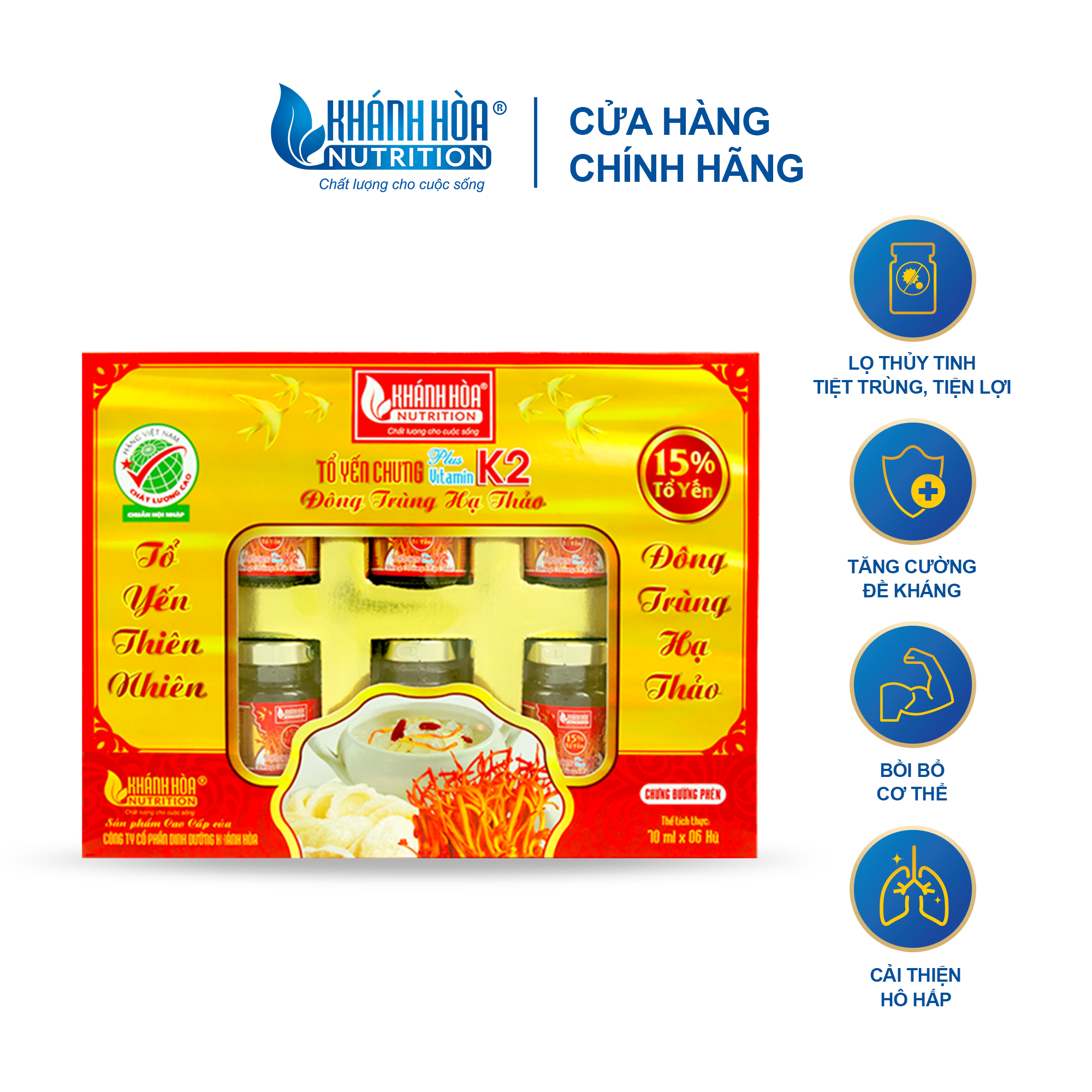 Hộp Quà Tặng 15% Tổ Yến Chưng Đường Phèn Bổ Sung Đông Trùng Hạ Thảo Và Vitamin K2 Khánh Hòa Nutrition – Hộp 6 lọ x 70ml