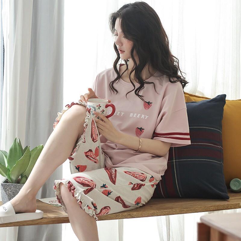 Bộ mặc nhà nữ thun cotton họa tiết strawberry viền bèo