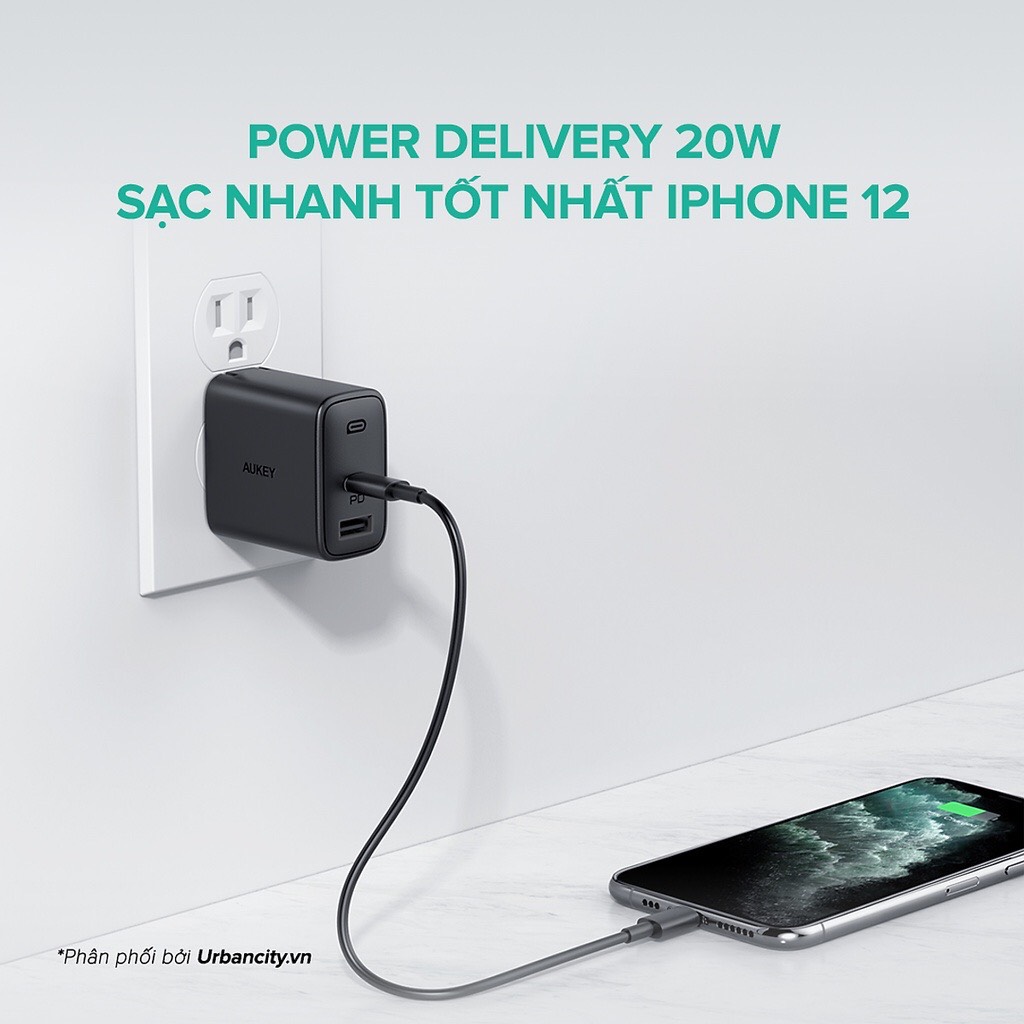 Cốc Sạc Siêu Nhanh AUKEY 2 Cổng PA-F3S 32W, Cổng Type C Power Delivery 20W, Cổng USB-A Air Power 12W - Hàng Chính Hãng