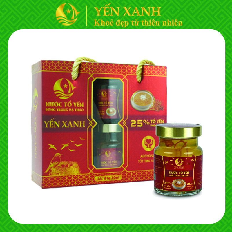 25% tổ yến - Nước tổ yến chưng đông trùng hạ thảo - YẾN XANH - Lốc 6 lọ x 70ml có quai xách