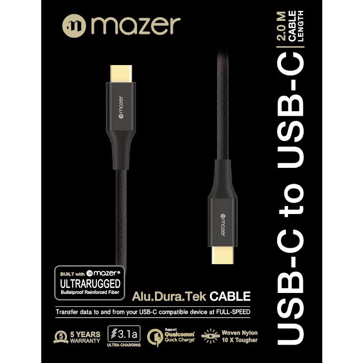 Dây Cáp Mazer ALU.DURA.TEK USBC2C Cable 3.1A (2m) - Hàng chính hãng
