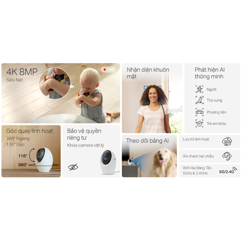 CAMERA WIFI TRONG NHÀ TAPO C260 8MP - HỖ TRỢ THU PHÓNG, XOAY 360 ĐỘ, ĐÀM THOẠI HAI CHIỀU, NHẬN DIỆN GƯƠNG MẶT, CẢNH BÁO