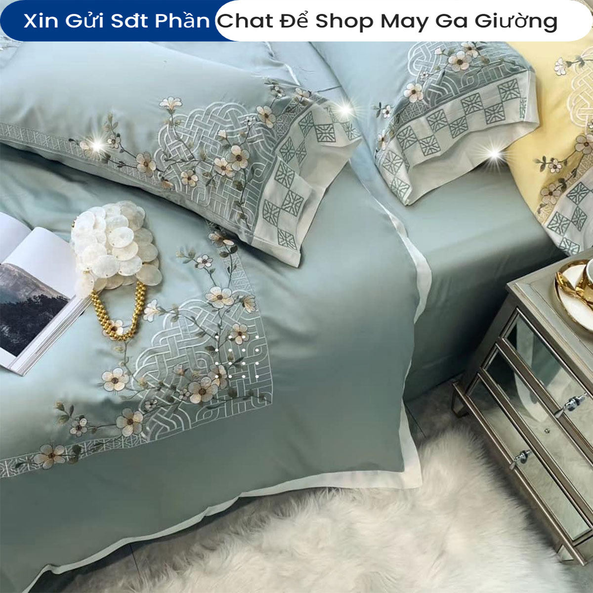 Bộ Chăn Ga Gối Đệm Lụa Tencel 100s Thêu Hoa 5 Món ANNA NGUYÊN Cao Cấp Chăn Chần Bông Lụa Mềm