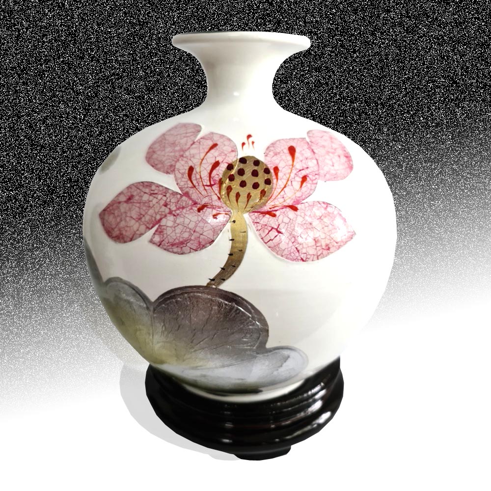 Bình Hút Lộc Gốm Sứ Sơn Mài Trắng Khảm Hoa Sen - 23cm - Maxi