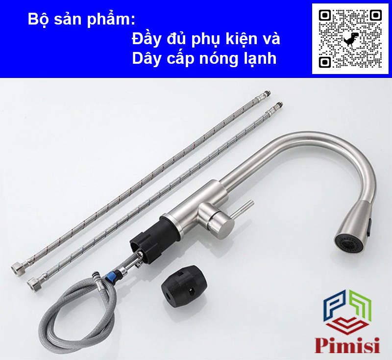 Vòi rửa bát nóng lạnh dây rút inox 304 Pimisi dùng cho chậu rửa chén bát trong nhà bếp gắn chậu với đầu vòi 2 chế độ nước tăng áp và dây rút mềm tiện lợi đa năng | Hàng chính hãng