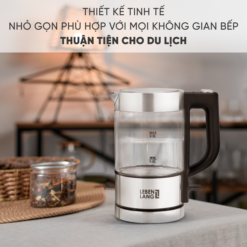 Ấm Siêu Tốc Thuỷ Tinh Cao Cấp Mini Lebenlang 500ml LBL2809 Siêu Đẹp, Đun Siêu Nhanh - Hàng Chính Hãng