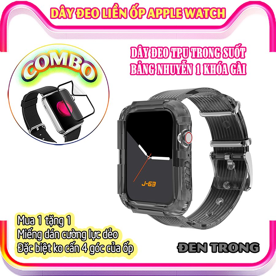 Dây Đeo liền ốp cho Apple Watch size 38/40/42/44mm TPU trong suốt nhuyễn 1 khóa gài_Đen Trong (tặng dán KCL theo size)