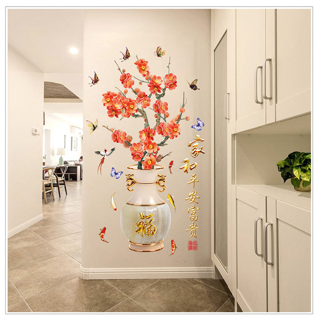 Decal dán tường bình hoa mai đỏ (60 x 90 cm)