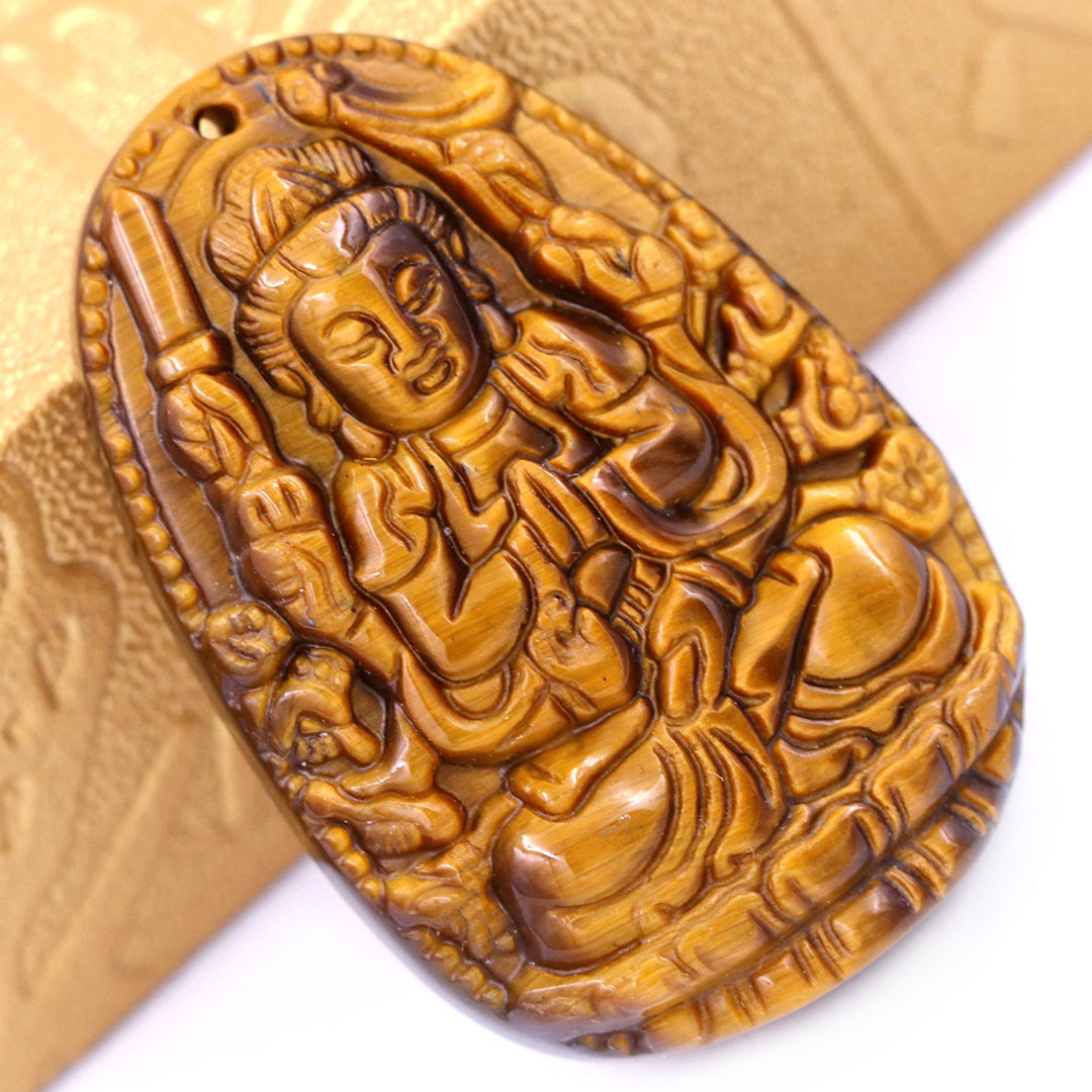 Mặt Phật Thiên thủ thiên nhãn đá mắt hổ 5 cm  kèm móc và dây chuyền inox vàng, Mặt Phật bản mệnh, Quan âm nghìn tay nghìn mắt