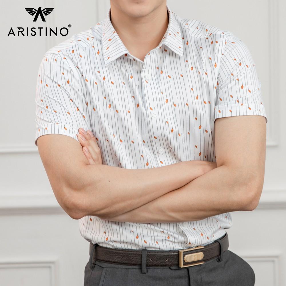 Áo sơ mi ngắn tay nam Aristino ASS003S1 form dáng slim fit ôm sát - Trắng in họa tiết lá