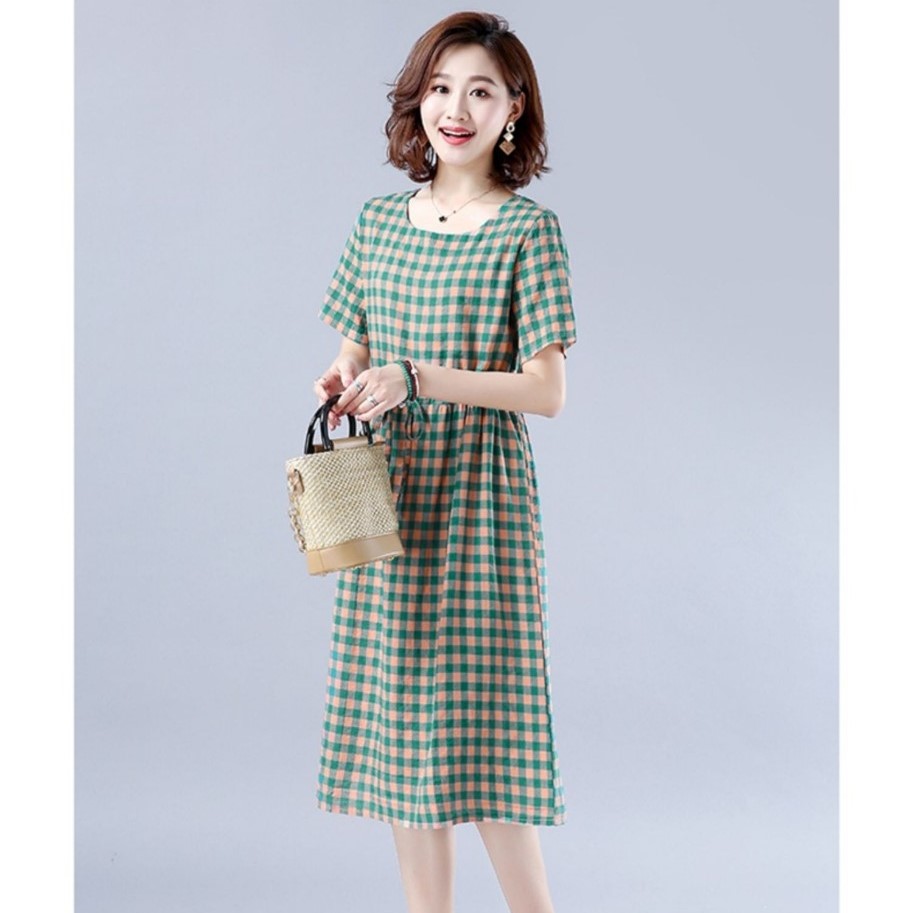Váy Đầm Trung Niên Dự Tiệc, Đầm Trung Niên Linen Cộc Tay Kèm Dây Thắt Eo Đũi Việt DV169