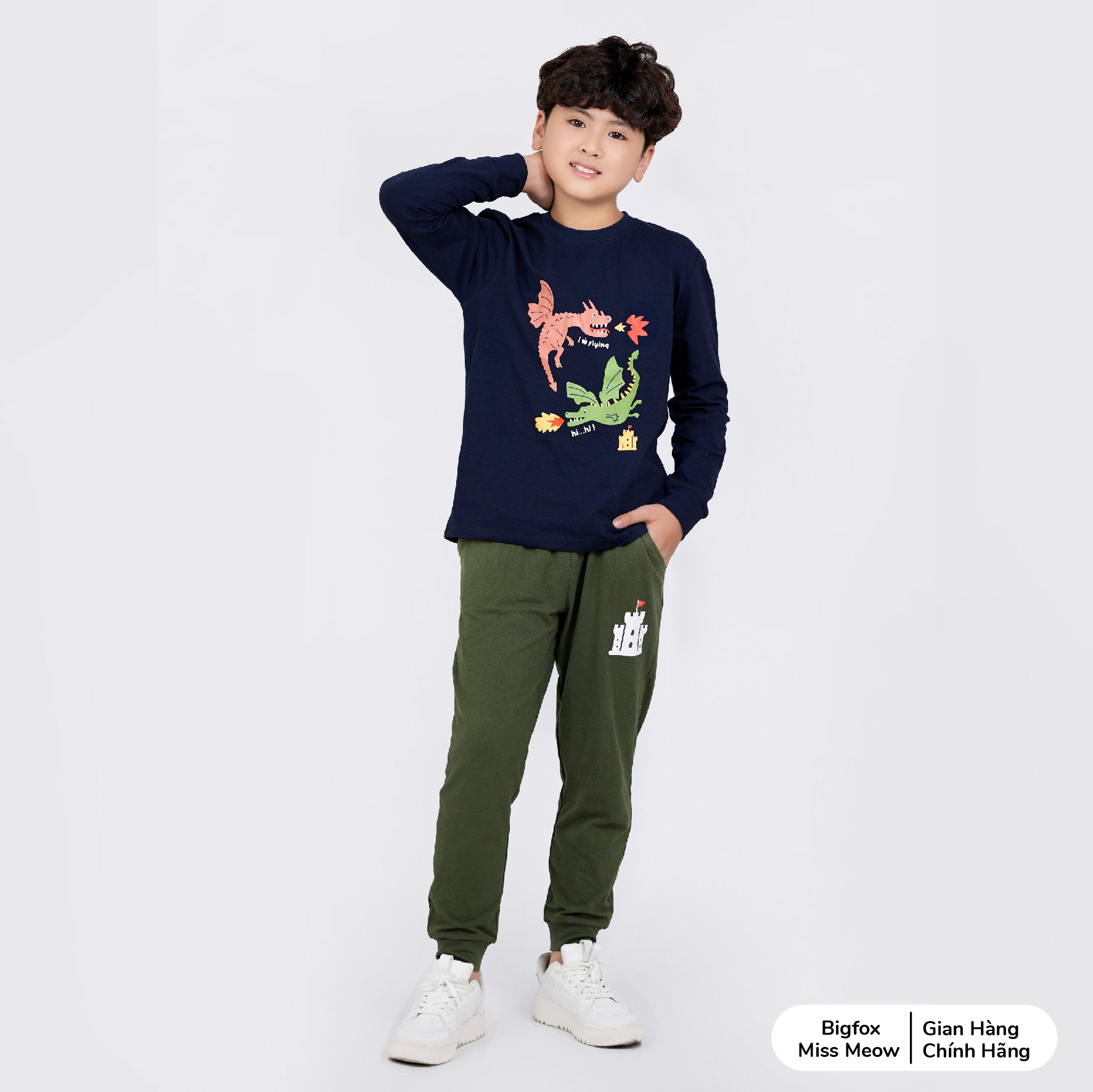 Bộ đồ thu đông bé trai Bigfox Miss Meow style Hàn Quốc, kiểu dài tay chất cotton size đại trẻ em 3,7,9,11 tuổi 30kg