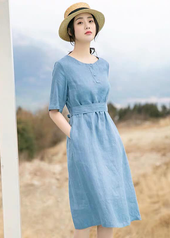 Đầm suông tay ngắn cổ tròn 2 nút ngực kèm đài rời, chất thô mềm mát, thời trang phong cách Hàn Quốc