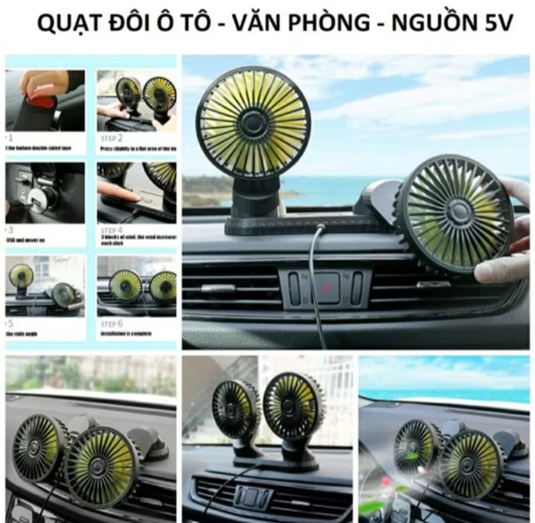 QUẠT ĐÔI 3 CẤP ĐỘ GIÓ SIÊU MÁT TRÊN Ô TÔ VĂN PHÒNG