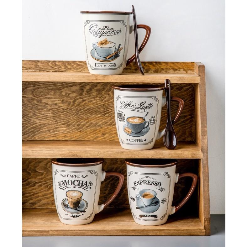 Cốc sứ uống trà, cafe tặng kèm nắp và thìa phong cách vintage 355ml