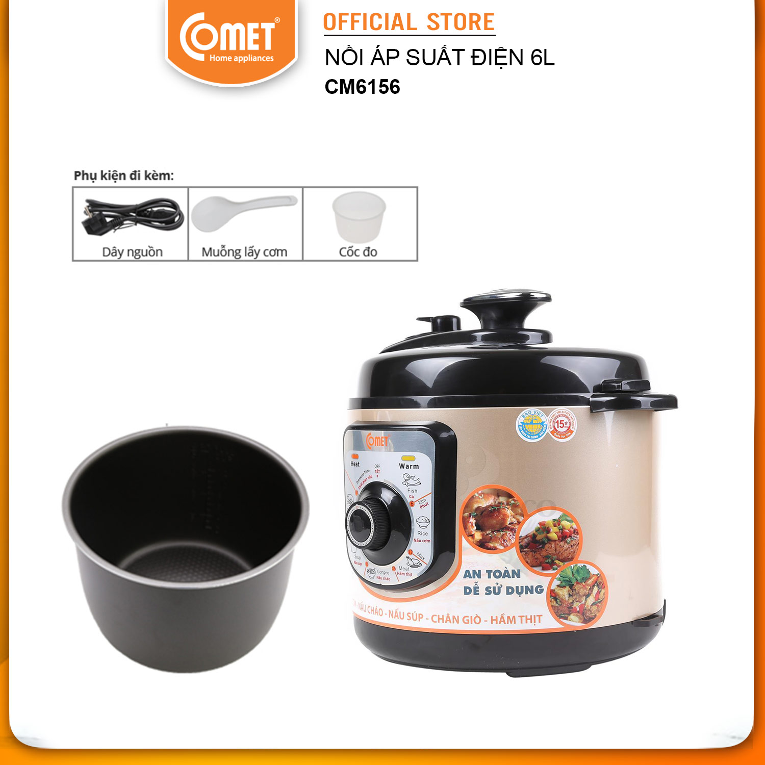 Nồi Áp Suất Điện Nắp Rời Comet CM6156C (6.0 Lít) - Màu ngẫu nhiên - Hàng Chính Hãng