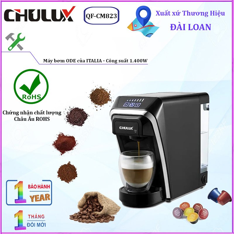 [BH 12TH] Máy pha cà phê viên nén 3 trong 1 Chulux QF-CM823 - Công suất hoạt động mạnh mẽ đến 1400W - Hàng chính hãng