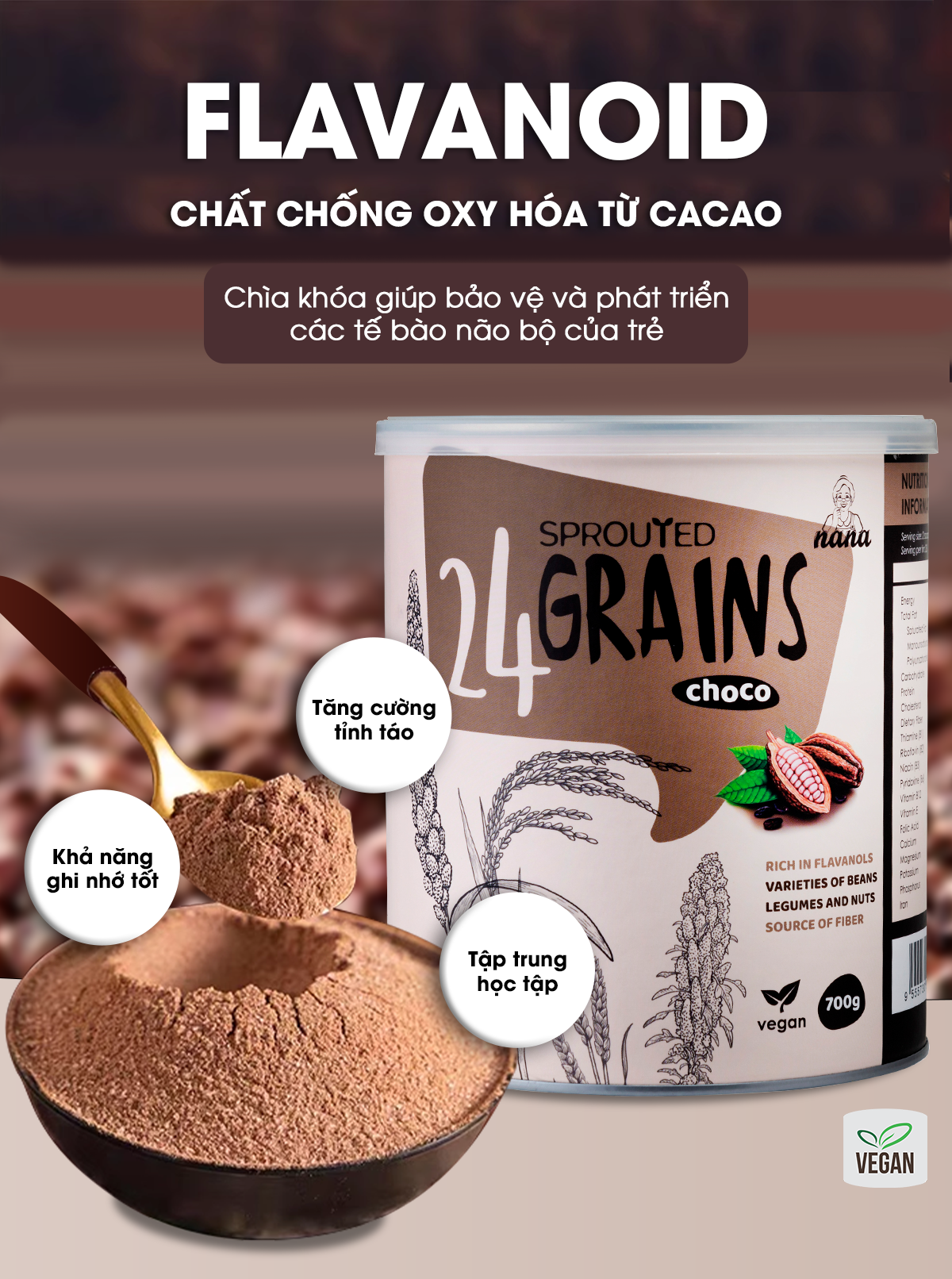 Sữa Hạt 24Grains 700g x4 Hộp (2.8kg) Vị Socola Tự Nhiên Cho Trẻ Từ 3 Tuổi &amp; Người Lớn Bổ Sung Dinh Dưỡng Toàn Diện