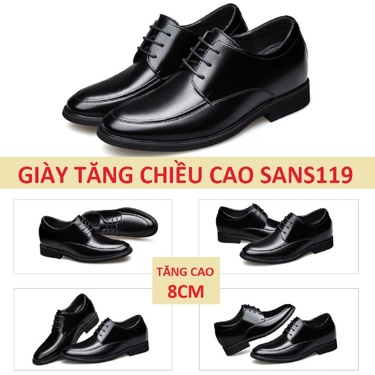 Giày tăng chiều cao nam da bò Sans119 độn đế 8cm công sở cao cấp buộc dây tây đen chú rể mặc vest size nhỏ 37 38 mũi tròn