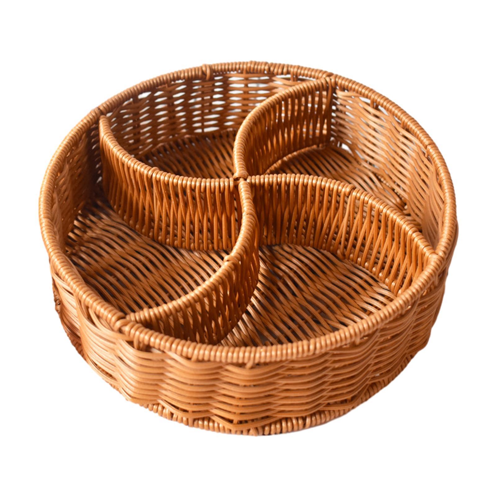 Hand Woven Serving Basket Food Storage Tray Divided Dividers Candy Serving Tray Round Fruit Basket for Hotel Breakfast Pantry