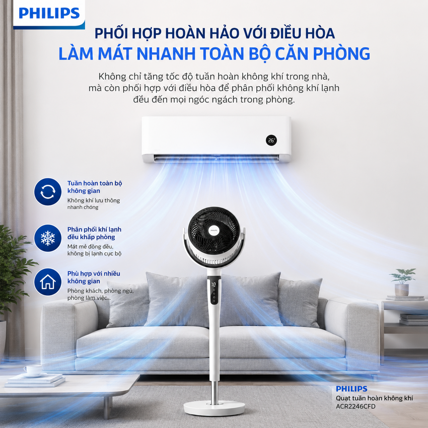 Quạt tuần hoàn không khí 8 cấp độ gió động cơ biến tần DC thương hiệu Hà Lan Philips ACR2246CFD Serial 2000 - Hàng nhập khẩu