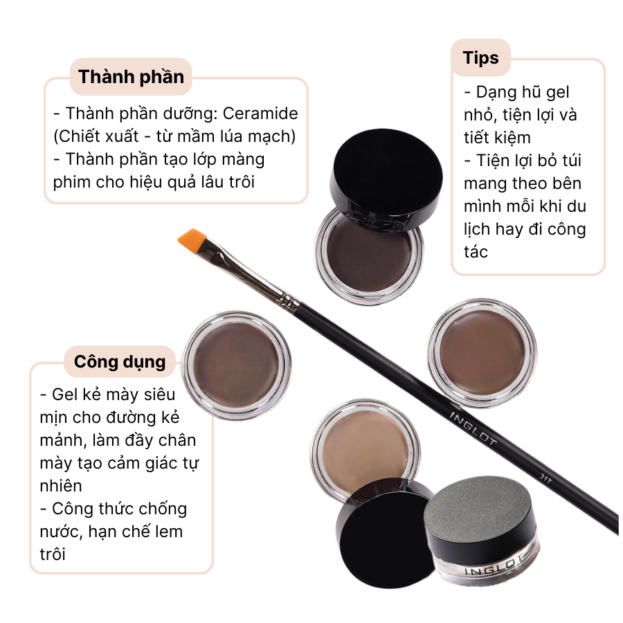 Bộ trang điểm mắt gồm Gel kẻ mày lâu trôi AMC Brow Liner + Bút kẻ mắt One move + Cọ trang điểm 17TL INGLOT