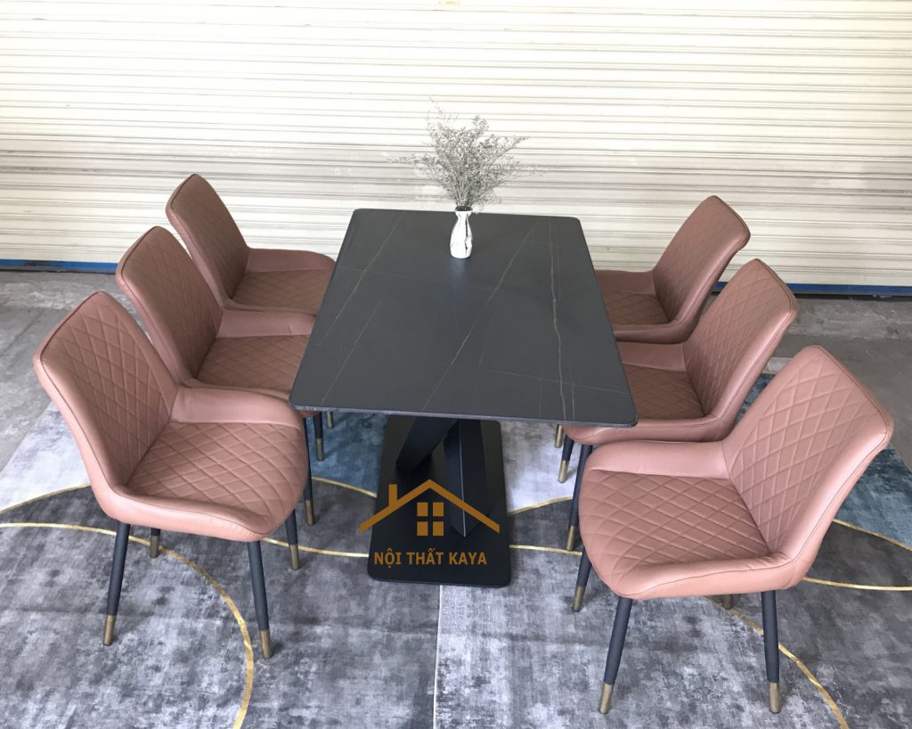Bộ Bàn Mặt Đá Ceramic Chân X 6 Ghế Nhập Khẩu 160cm x 90cm x 75cm KY-GH11