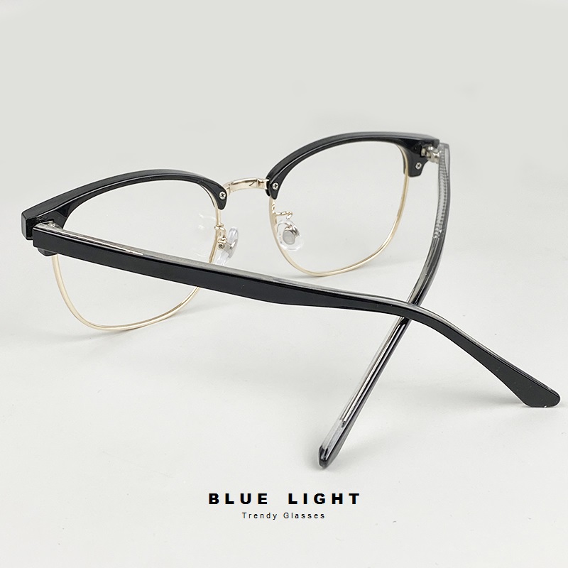 Gọng Kính Cận, Kính Giả Cận Nam Nữ Cao Cấp, Clubmaster Mắt Tròn Đen Viền Vàng Lõi Thép - BLUE LIGHT