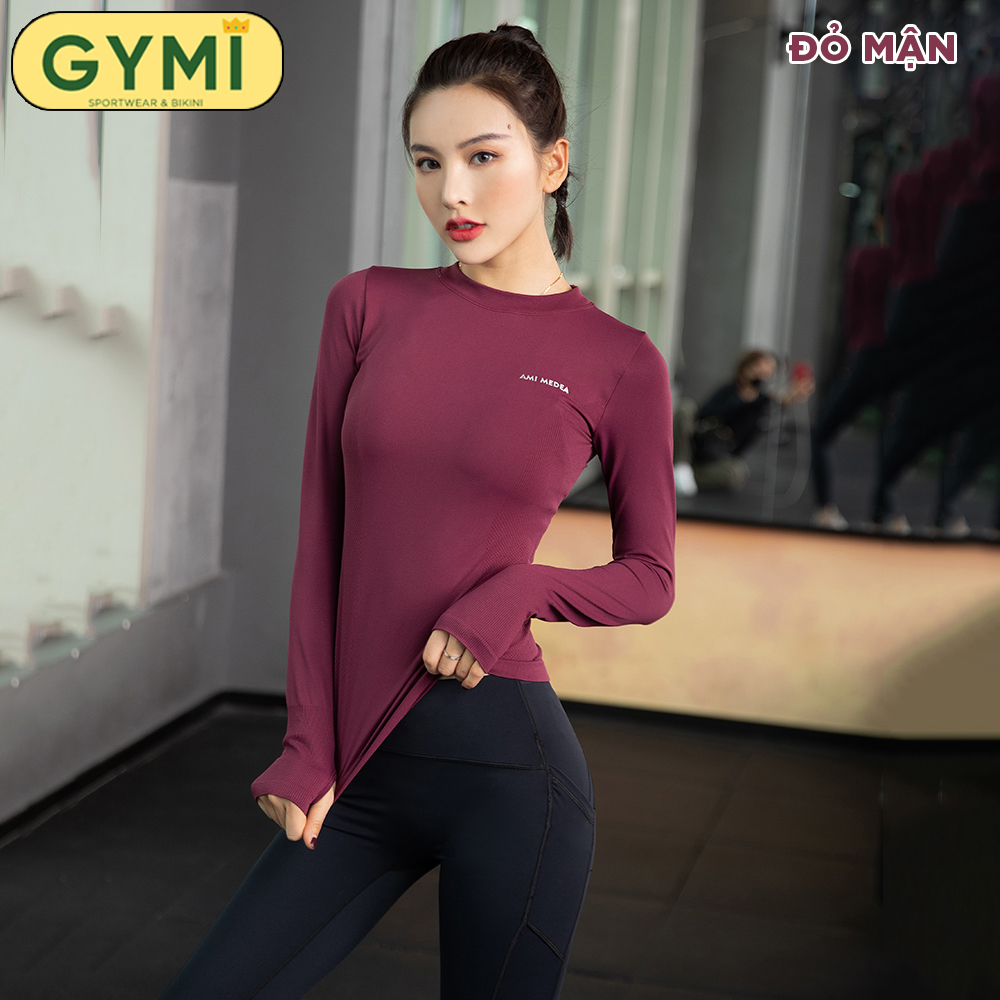 Áo tập gym yoga nữ dài tay GYMI AD02 dáng dài phủ bụng Ami Meadea chất dệt kim co giãn