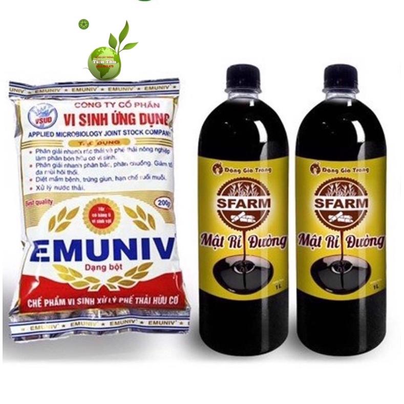 COMBO-CHẾ PHẨM VI SINH EMUNIV VÀ MẬT RỈ ĐƯỜNG Ủ PHÂN VÀ XỬ LÝ RÁC THẢI HỮU CƠ