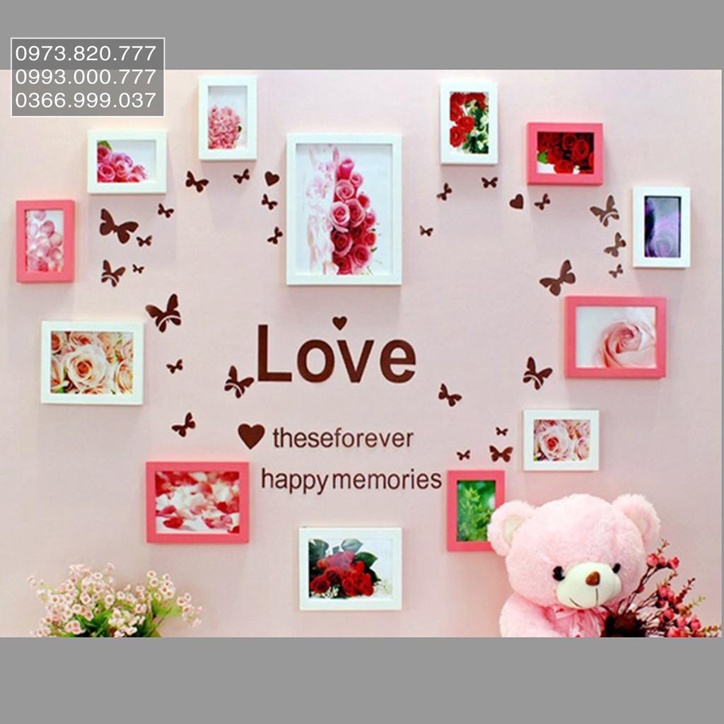 Bộ 12 khung hình trang trí trái tim Ka024 (Trắng hoặc đen) + Tặng Decal LOVE , giá đỡ điện thoại hình gấu tiện lợi