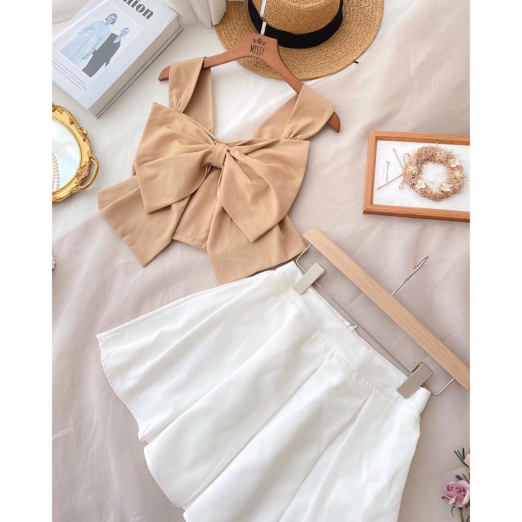 SET ÁO 2 DÂY PHỐI NƠ TRƯỚC NGỰC PHÍA SAU CÓ BO CHUN+CHÂN VÁY XẾP LY