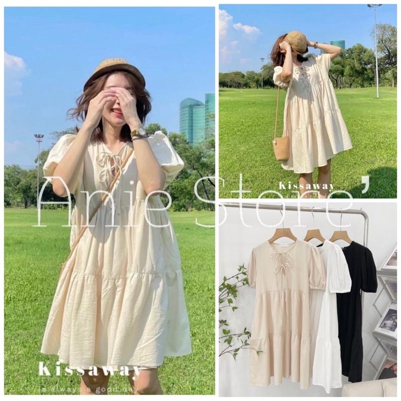 Đầm Babydoll Nữ Buộc Nơ Cộc Tay Dáng Ngắn Váy Đũi Lụa Nữ Dây Nơ Dáng Suông 3 Màu