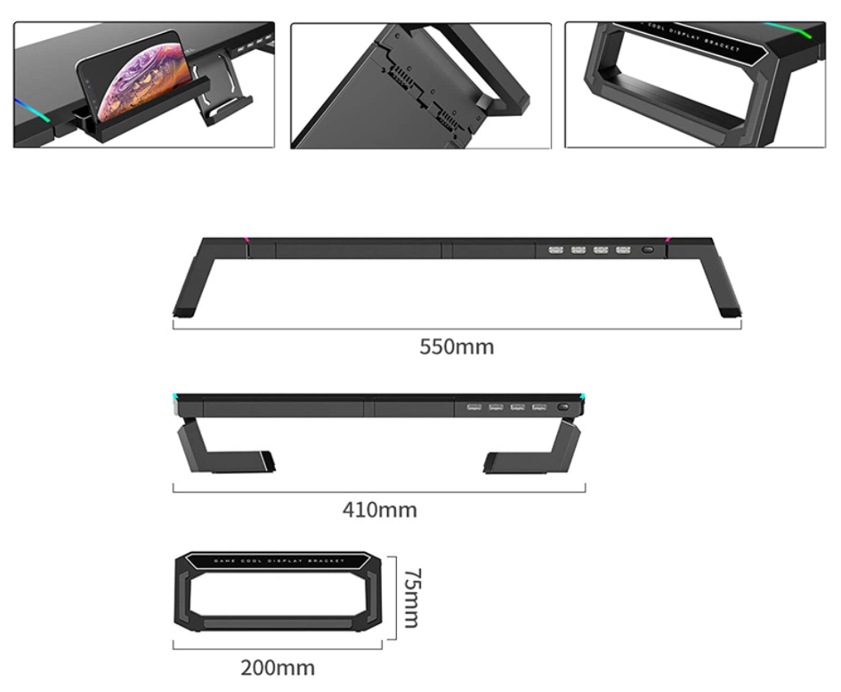 Kệ nâng cao máy tính đa chức năng với đèn chiếu sáng RGB và 4 cổng USB 3.0, Giá đỡ màn hình có thể gập lại, tải 30kg / 66Ib