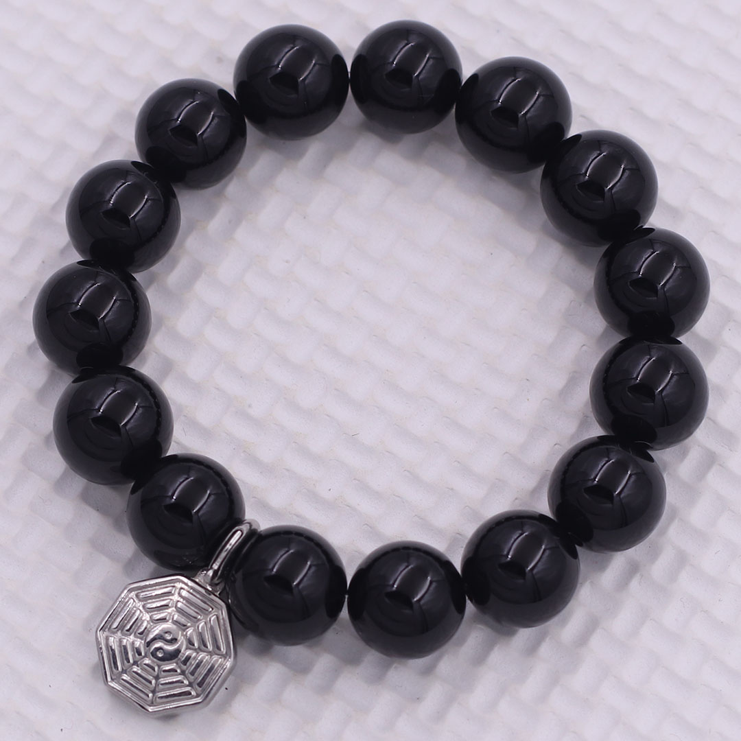 Vòng chuỗi đeo tay đá thạch anh đen charm bát quái inox, vòng tay hạt chuỗi, vòng chuỗi phong thủy, vòng tay nam nữ