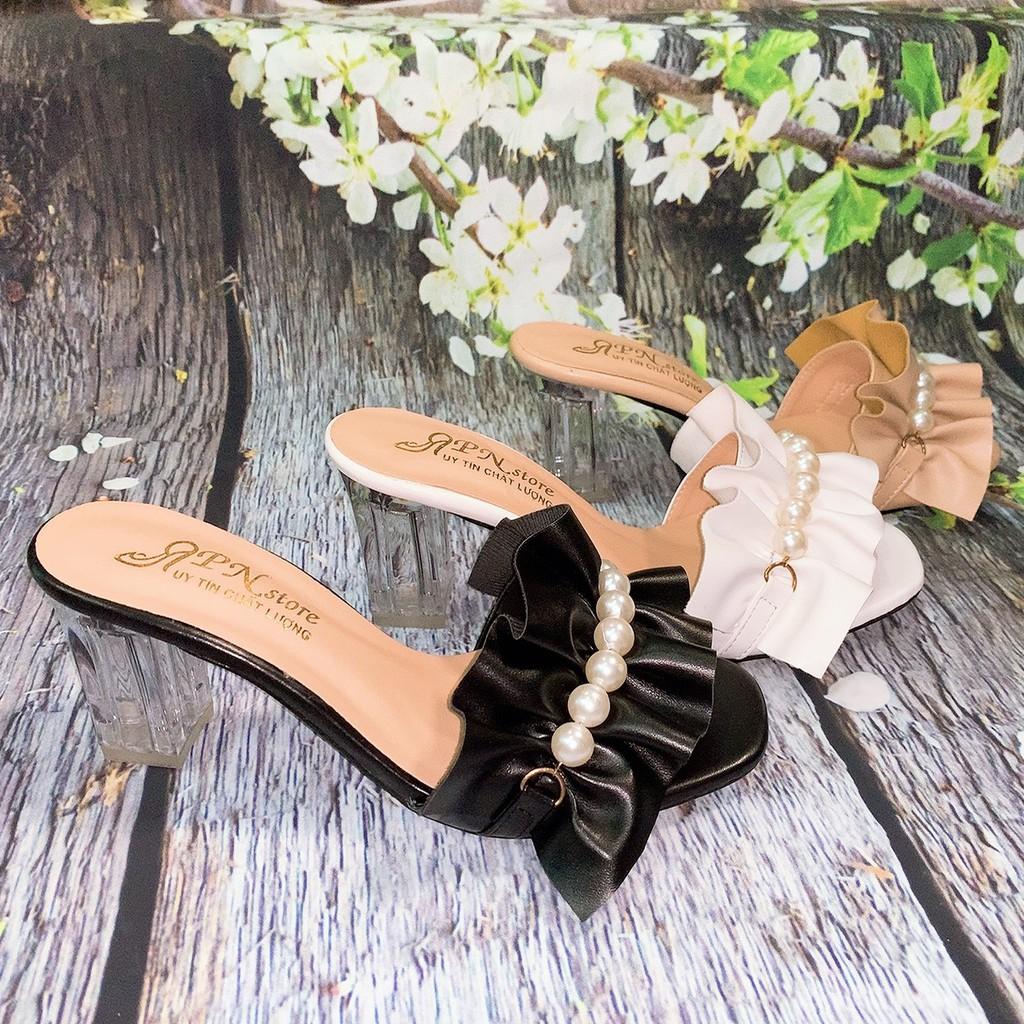 Guốc/dép cao gót trong 7p quai dún bèo kết châu tròn