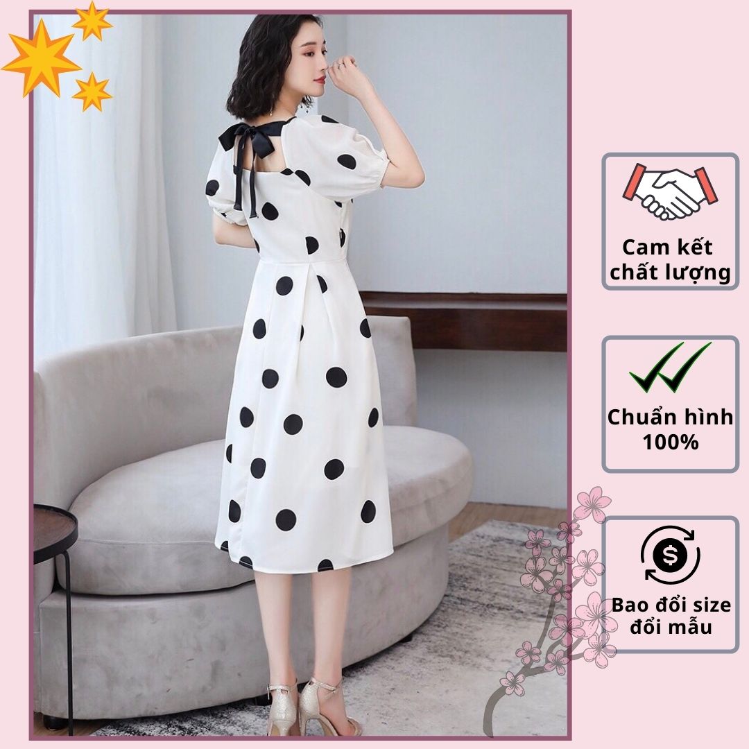 Đầm xòe midi cổ vuông chấm bi vintage - VN23190