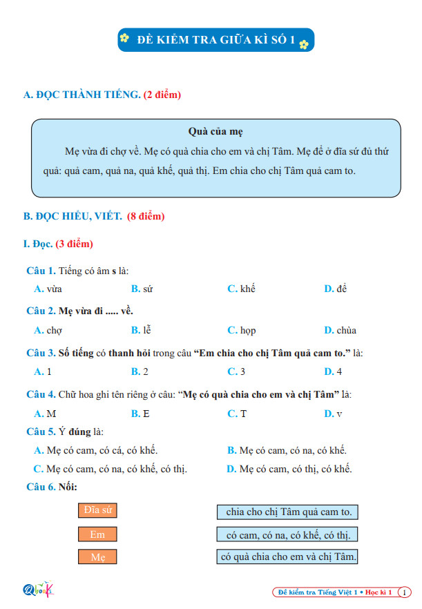 Đề Kiểm Tra Tiếng Việt 1 - Tập 1 - Cánh Diều