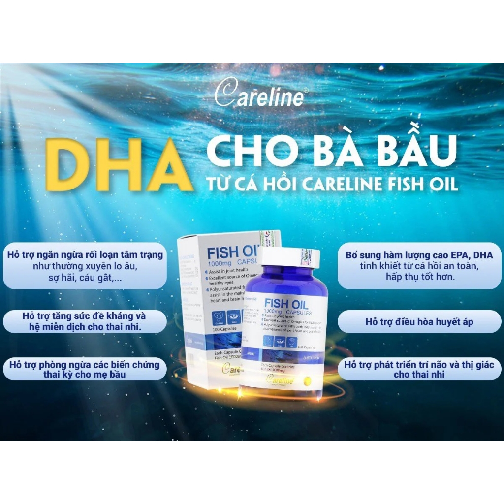 DHA Cho Bà Bầu CareLine Fish Oil 1000mg - Bổ Sung DHA Hàm Lượng Cao Giúp Não Bộ Trẻ Phát Triển Toàn Diện (Hộp 100 Viên)