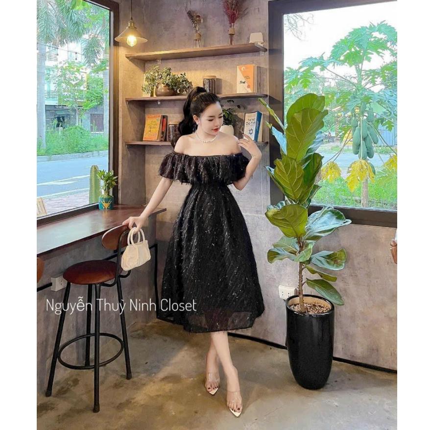 Đầm xoè lông vũ dự tiệc trễ vai bèo ngực cao cấp