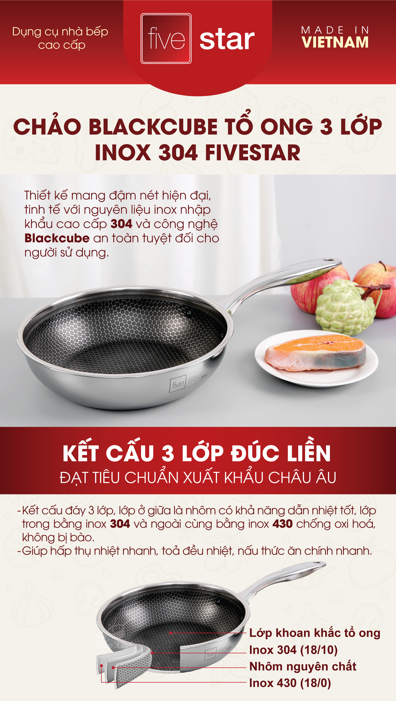 Bộ nồi chảo chống dính sâu lòng tổ ong 3 lớp đáy liền inox 304 Fivestar Plus quai oval nắp kính , tặng 1 sạn inox
