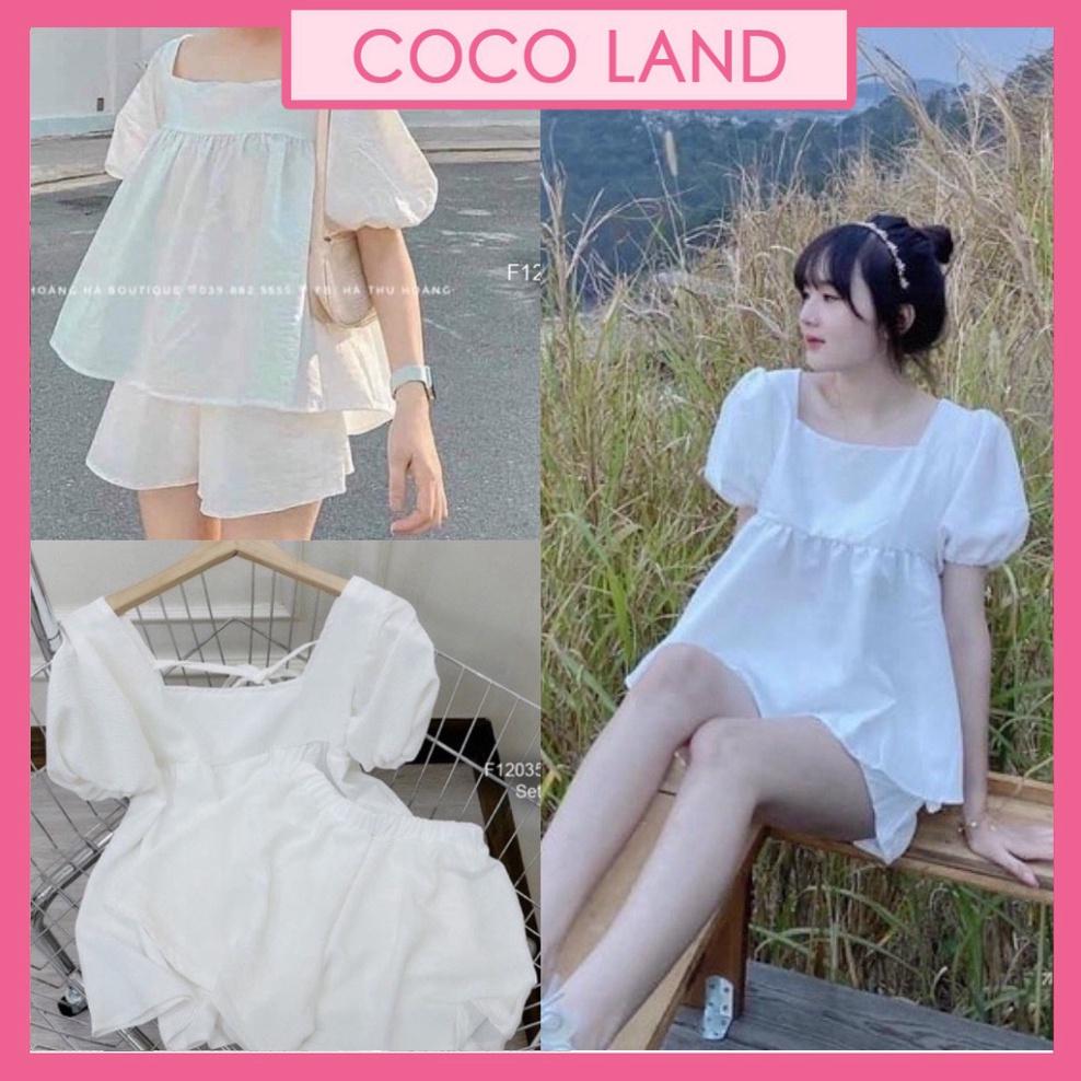 Bộ babydoll cổ vuông buộc dây chất đũi mát kiểu dáng trẻ trung B5 coco land sang chảnh. trendy hot girl