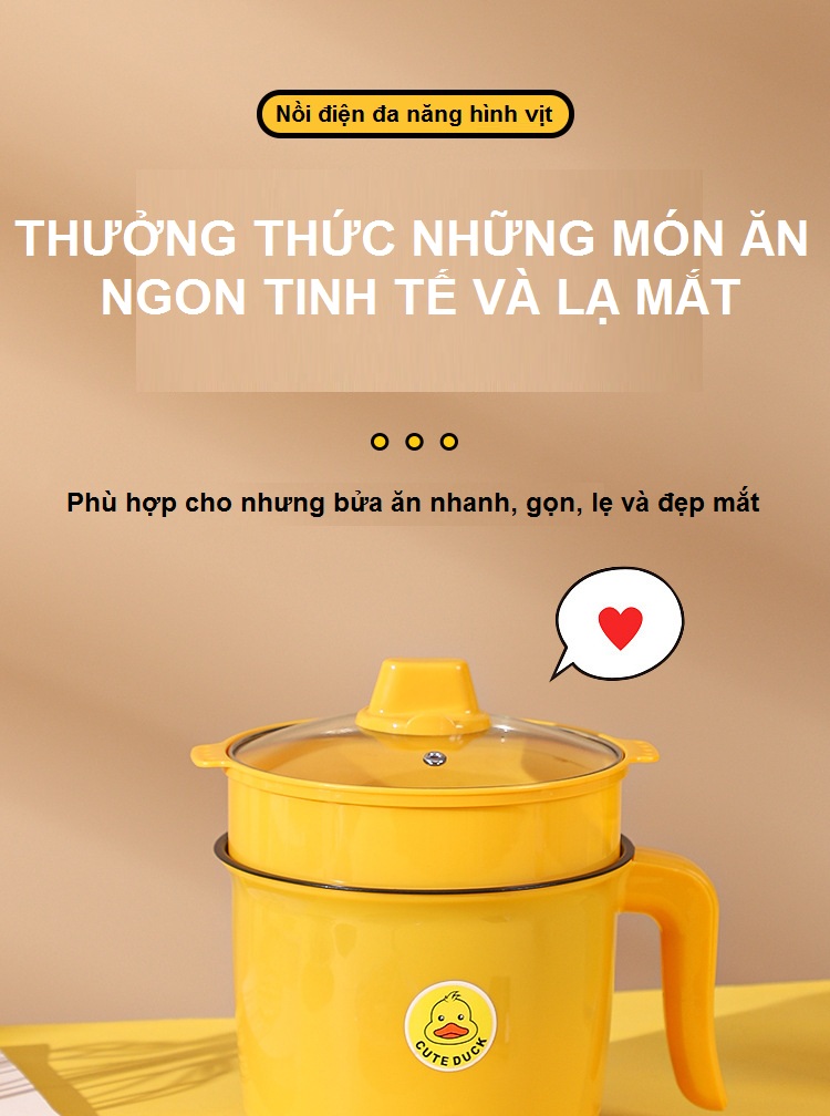 Nồi Lẩu Điện Mini Đa Năng Có Khay Hấp Vịt Vàng (1.8L) - Nấu Mì, Cháo, Lẩu, Chiên, Xào, Luộc - Nồi cơm điện, nồi đa năng