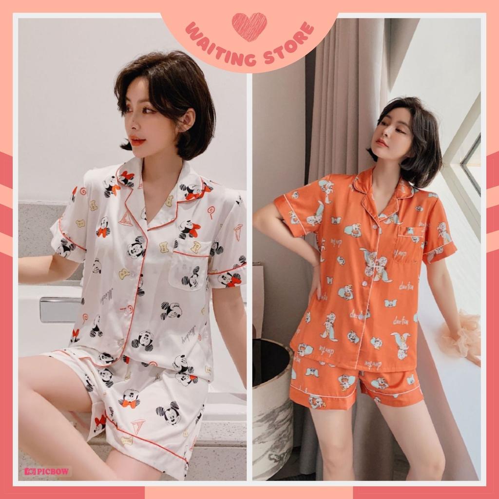 Đồ Bộ Nữ Ngắn - Đồ Mặc Nhà Vải Lụa Màu Trắng và Cam Cao Cấp In Họa Tiết Hoạt Hình CCLP13