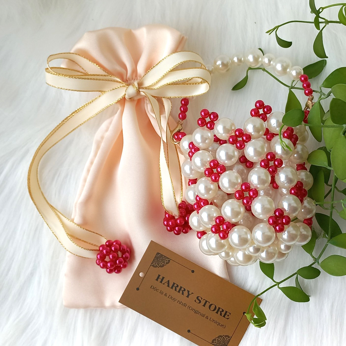 Túi ngọc trai HRRB-DD tự đan size M cho nữ đi dự tiệc sang trọng