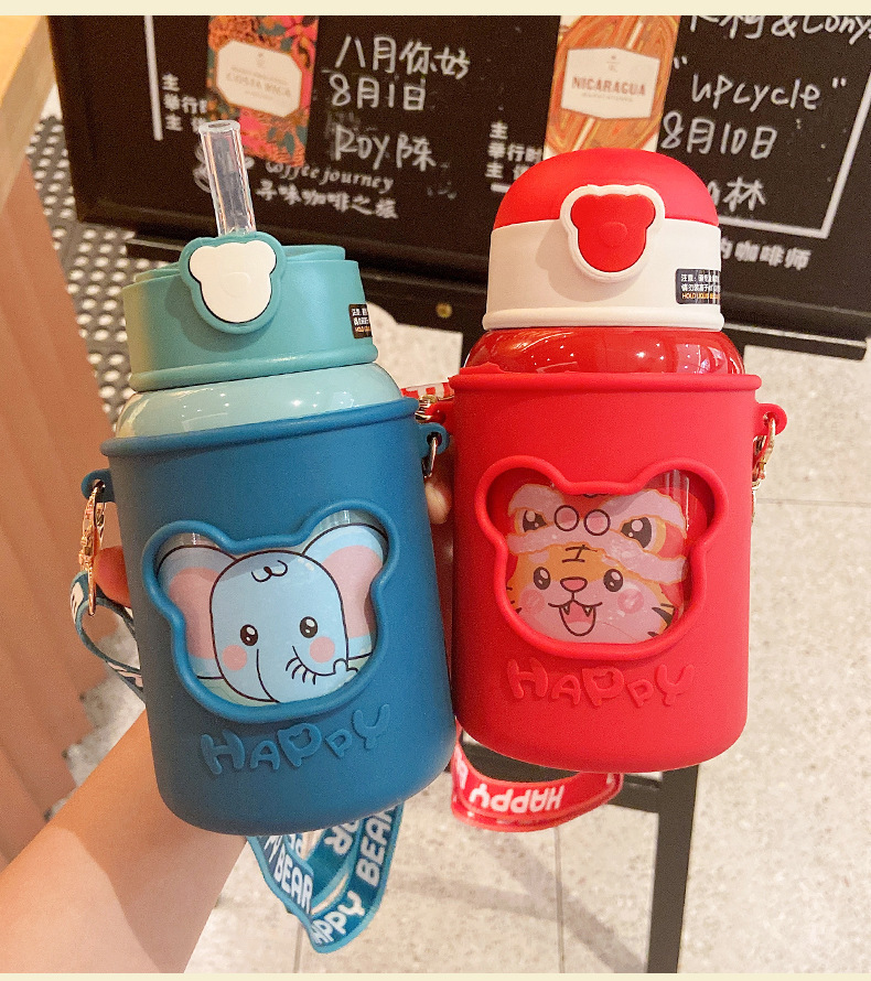 Cốc Nước HaPpY Có Ống Hút Ấm Siêu Tốc Trẻ Em Học Sinh Tiểu Học Cốc Cách Nhiệt Nam Nữ Dễ Thương cốc SILICON